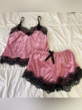 Pink Velvet Lace Trim Camisole & Short PJ Set - Women's Sleepwear